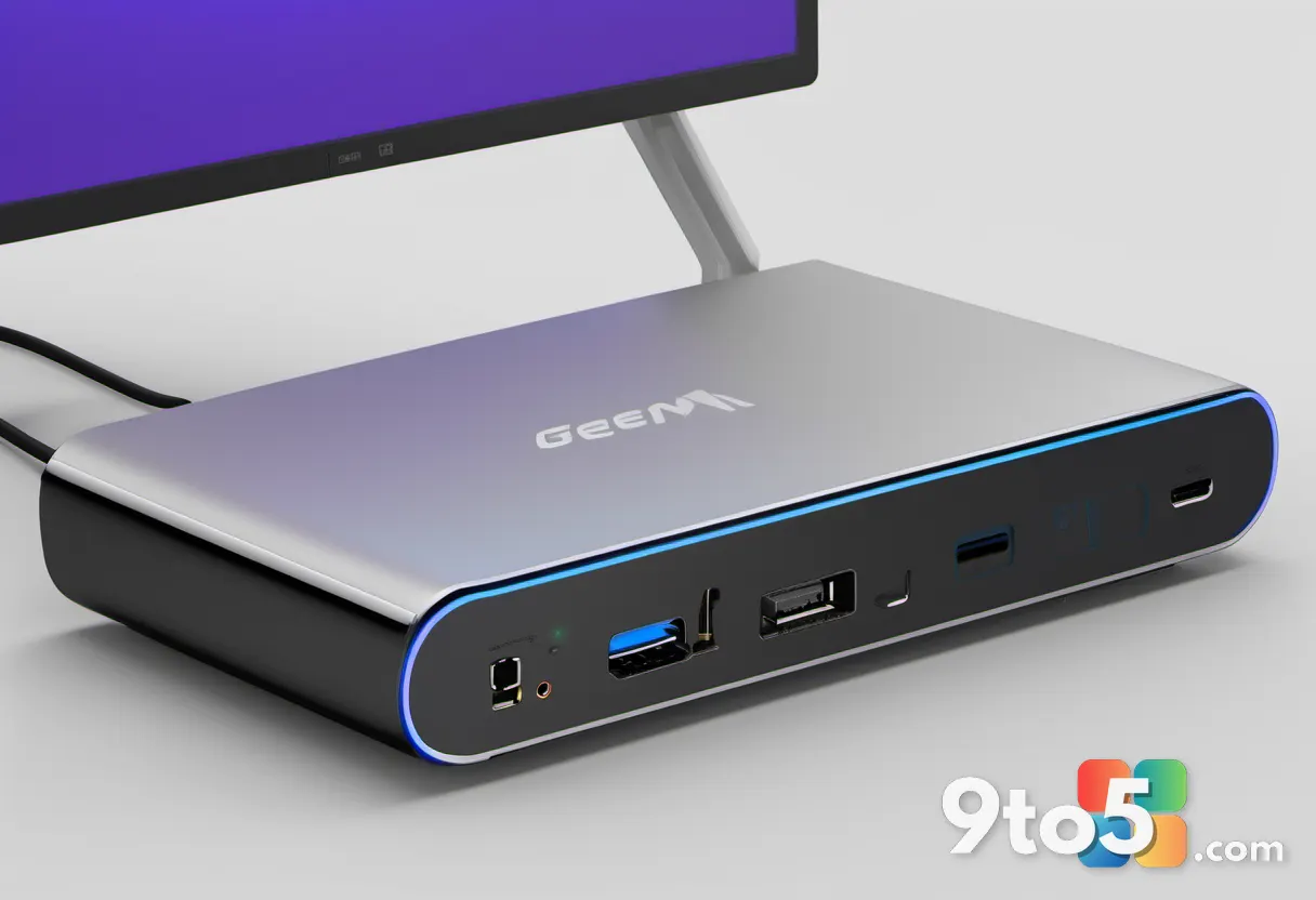 A close-up of the Geekom Air12 2026's front panel showing the USB-C port, USB-A port, and headphone jack, with a subtle 