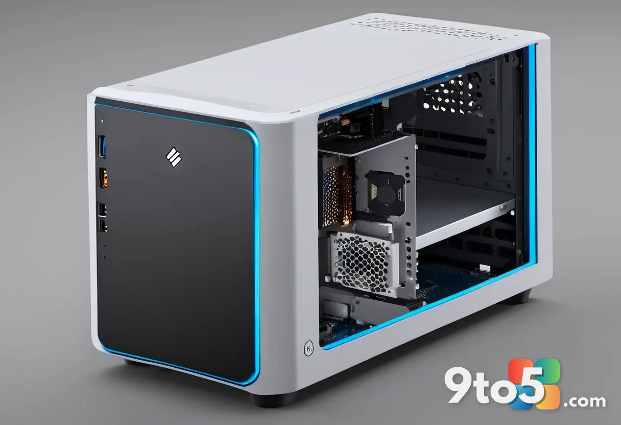 An angled view of the rear I/O panel of the mini PC, clearly displaying the HDMI, USB-C, Ethernet, and power connectors 
