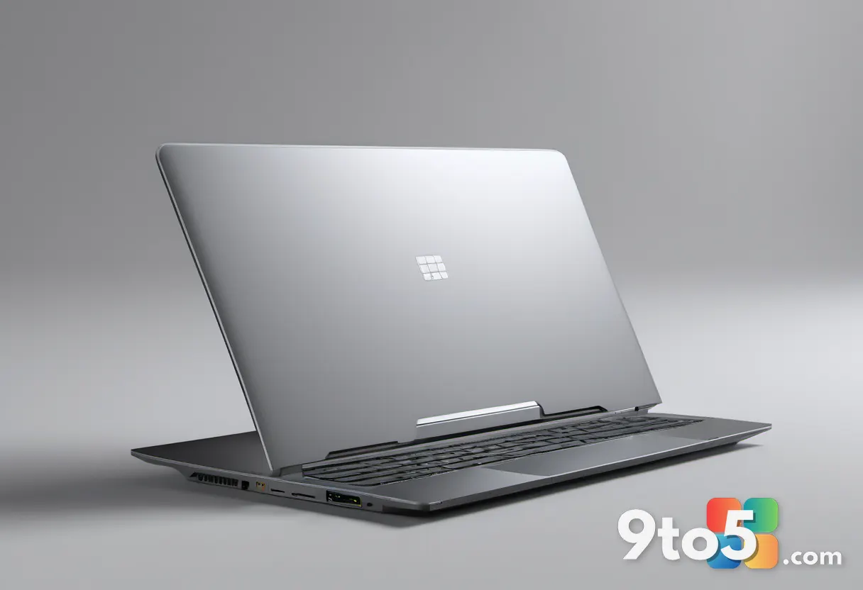 The Geekom GeekBook M16 laptop closed and standing upright, showing its slim profile and silver finish, soft background,