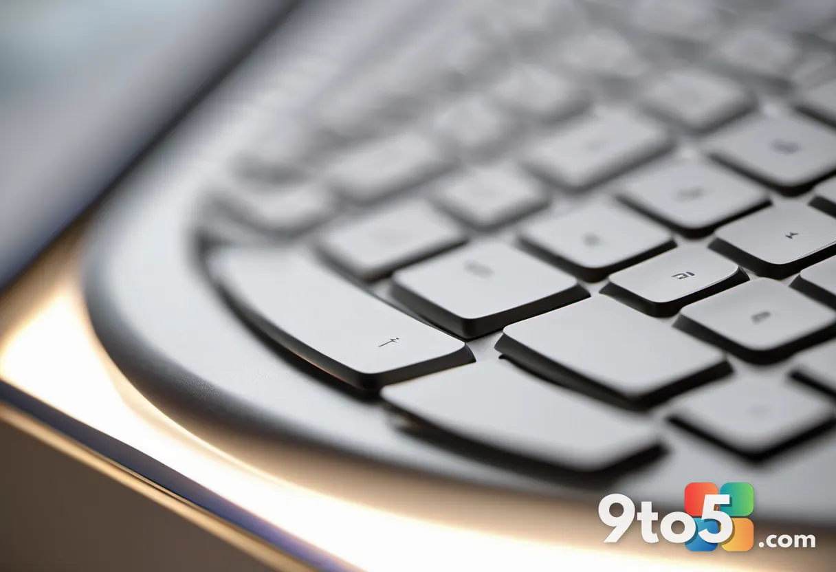 Close-up of a silver laptop keyboard with white backlighting, fingers typing, shallow depth of field, warm office lighti