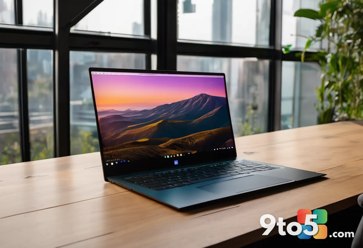 A 16-inch laptop screen displaying a colorful landscape photo, placed on a wooden desk with a pen and notebook nearby, s
