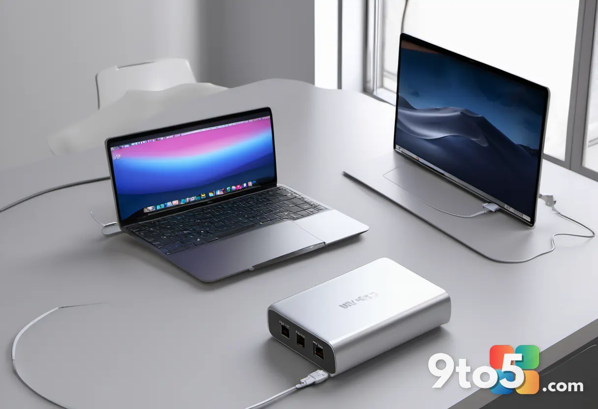 A modern 100-watt GaN laptop charger with a coiled cable next to a silver laptop on a clean desk, minimalist composition