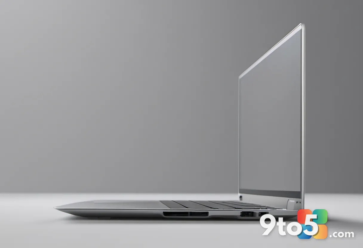 A silver laptop viewed from the side showing its thin profile and ports, placed on a gray surface with soft shadows, cle