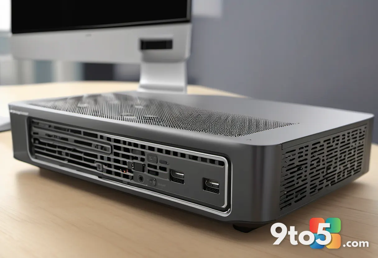 A close-up shot of a mini PC chassis highlighting its ventilation grilles and ports, shot with a shallow depth of field 
