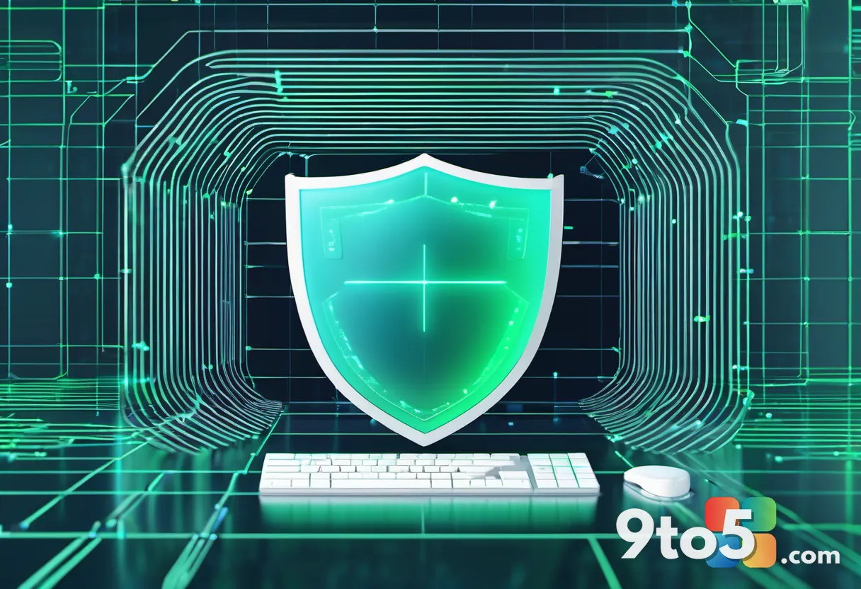An abstract digital illustration of a network shield protecting a data stream, using cool blue and green tones to repres