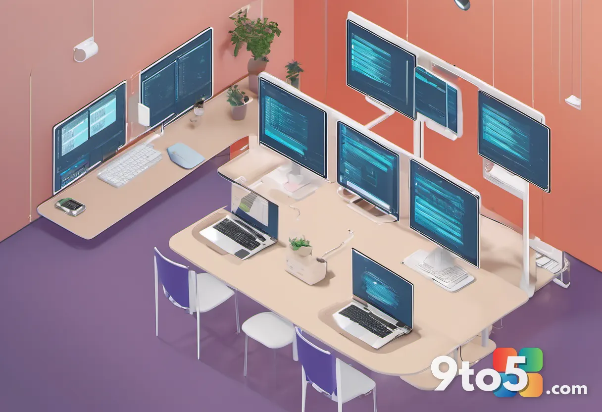 Overhead view of a collaborative software team working with laptops and a large screen displaying a deployment pipeline,