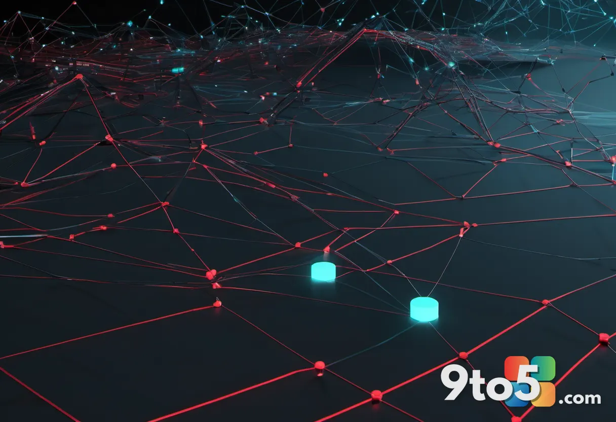 A stylized network topology diagram floating in a dark space, interconnected nodes with cyan data streams, a few nodes g