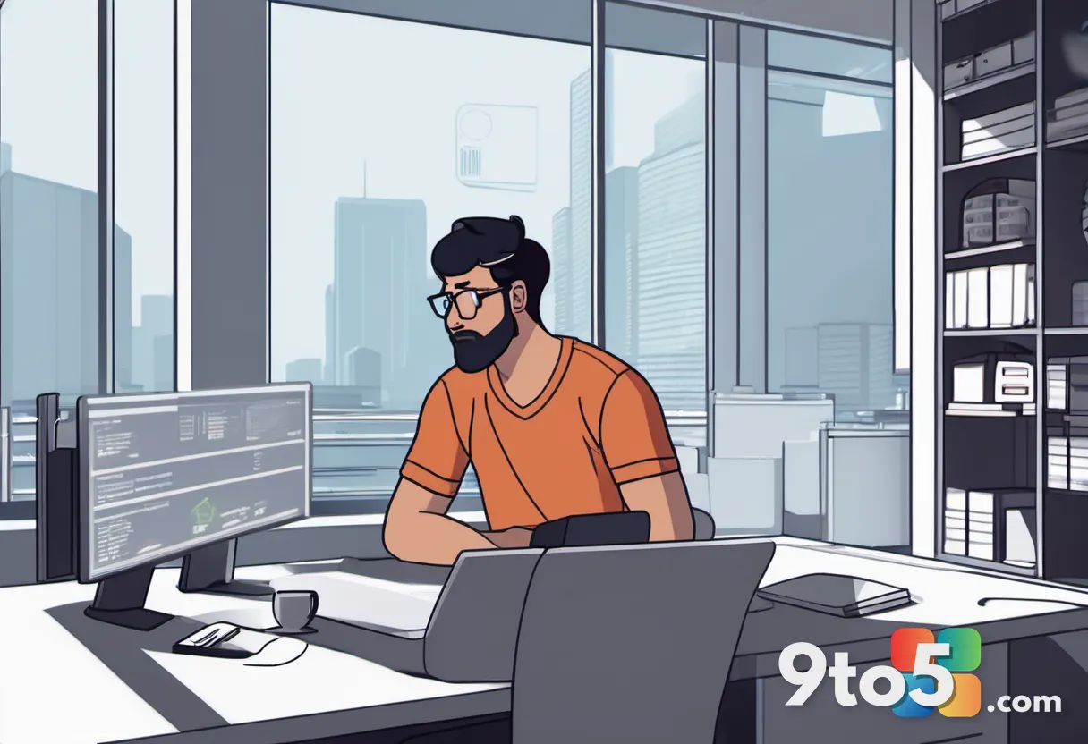 A frustrated developer sitting at a desk with a laptop displaying a GitHub error page, coffee cup nearby, office backgro