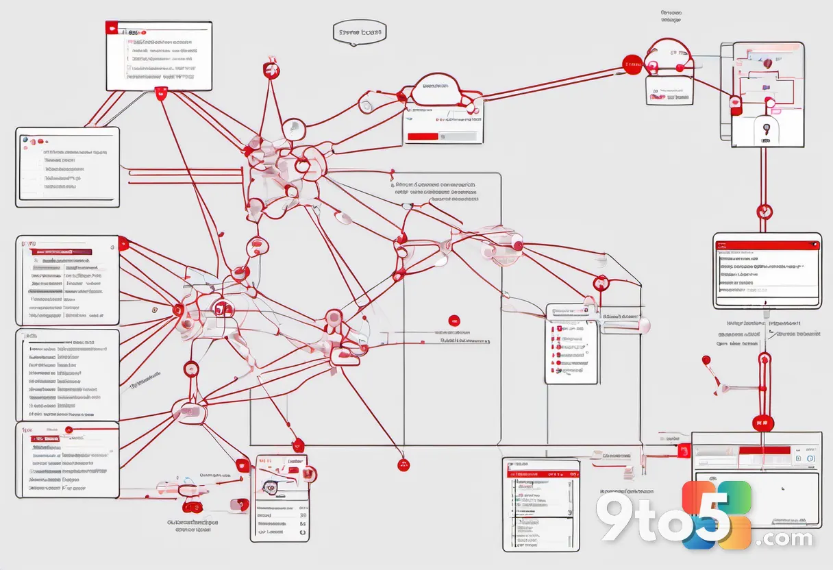 A stylized network diagram showing interconnected nodes, with several nodes highlighted in red to represent cascading fa