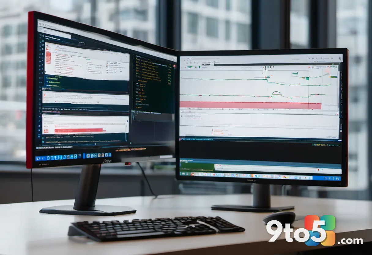 A close-up photograph of a developer's dual monitor setup displaying a terminal window with error messages and a GitHub 