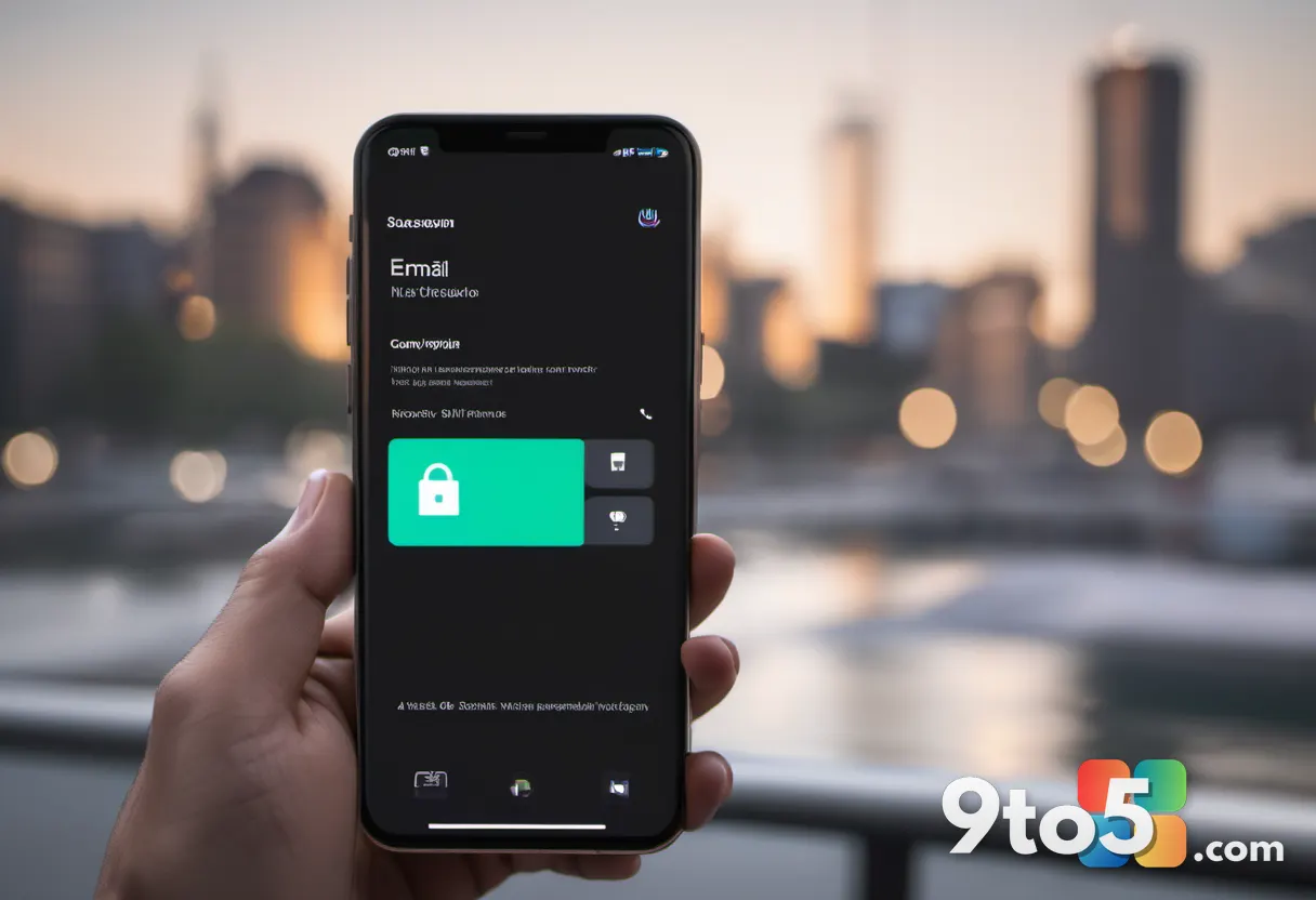 A close-up of a hand holding a smartphone with a secure email app open, showing a padlock icon, with a soft focus on a c