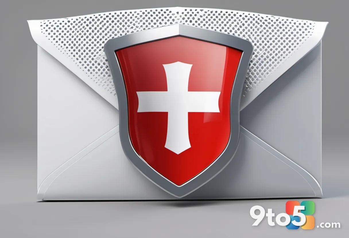 A digital illustration of a shield protecting an envelope, with a Swiss flag in the background, representing secure emai