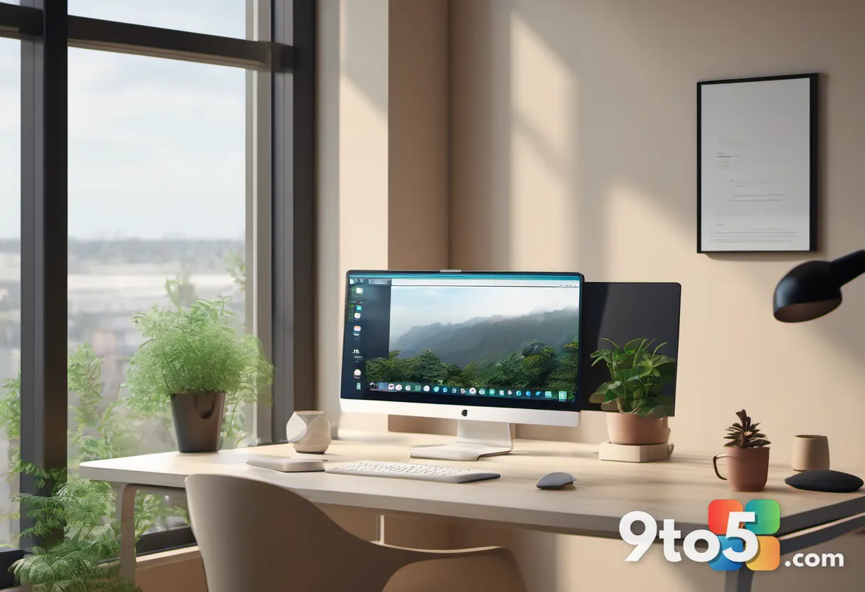 A modern office desk with a laptop displaying a secure email interface, surrounded by plants and natural light, conveyin