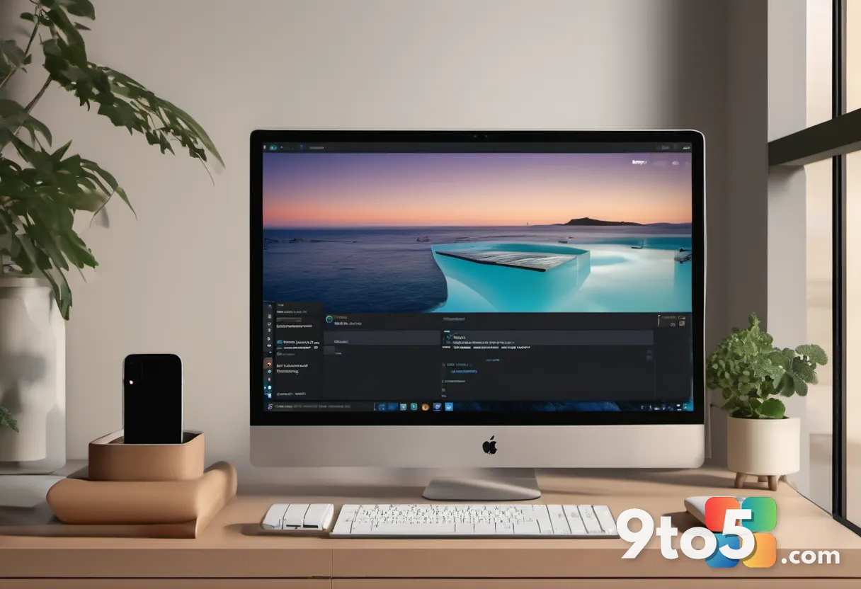 A neatly organized desk setup featuring an external hard drive, a smartphone, and a laptop, bathed in warm natural light