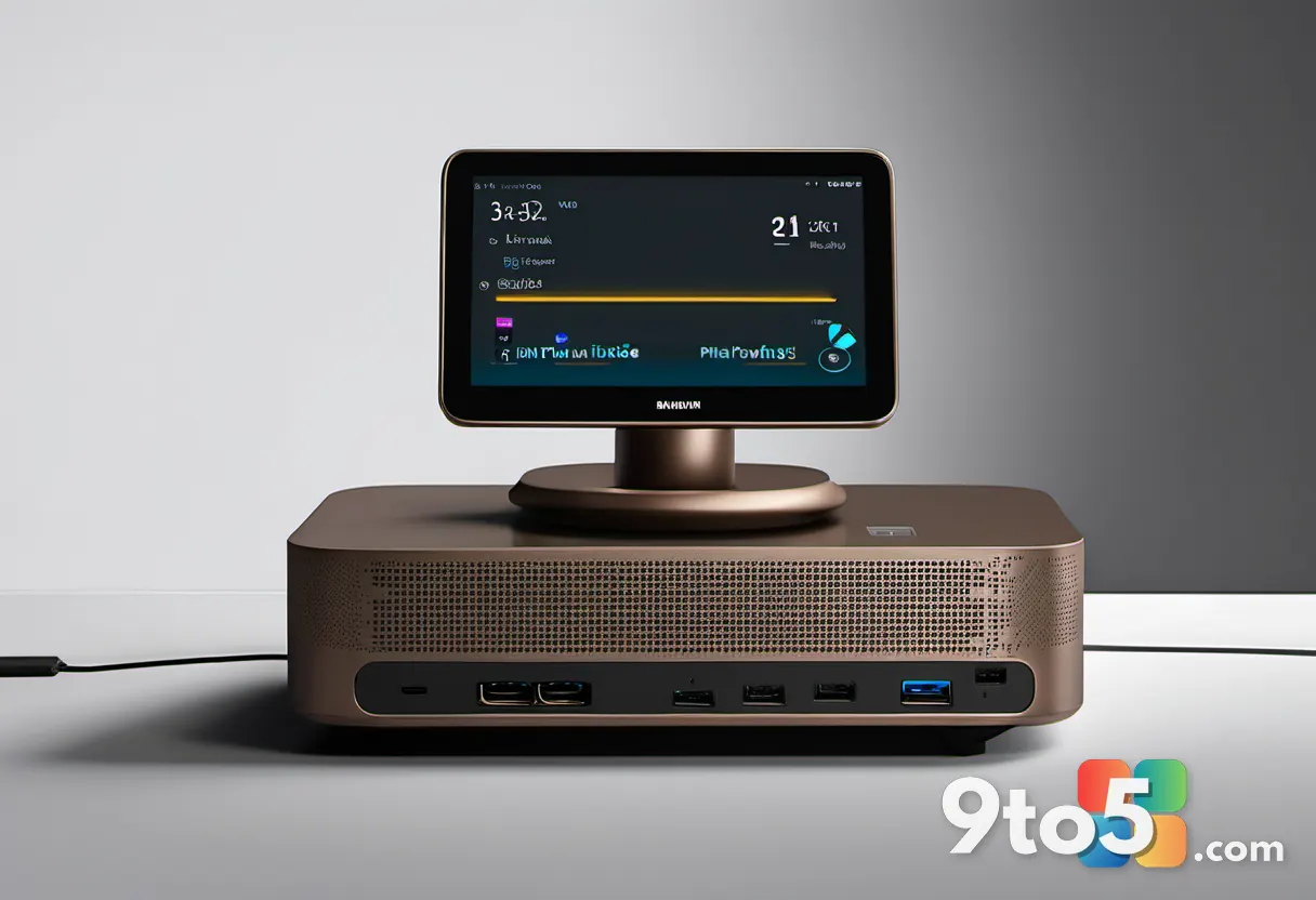 Close-up of the front panel of a compact bronze mini PC showing USB ports and illuminated power button on a dark desk su