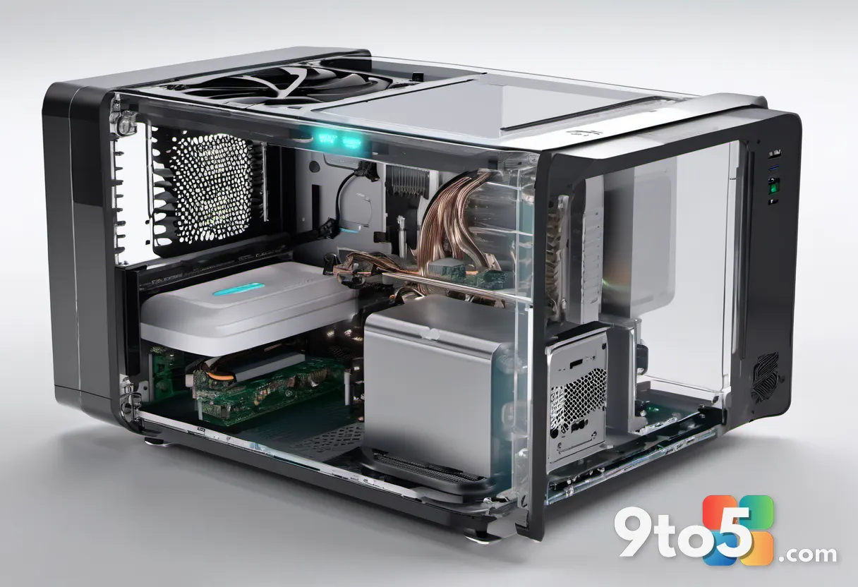 Transparent cutaway view of a mini PC chassis revealing dual fans and vapor chamber cooling system with metallic heat pi