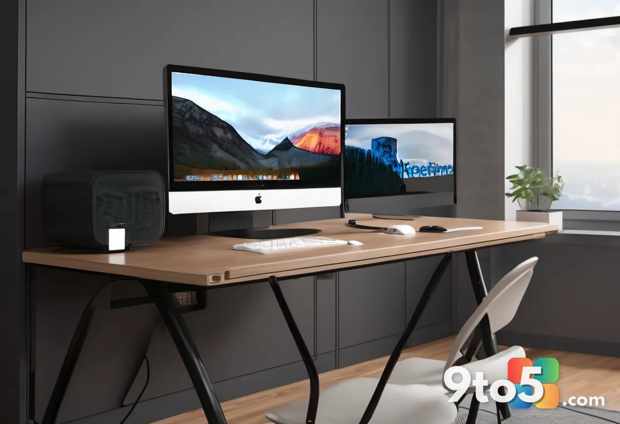 Modern office desk setup with a compact bronze mini PC connected to dual monitors via USB4 and HDMI cables, clean worksp