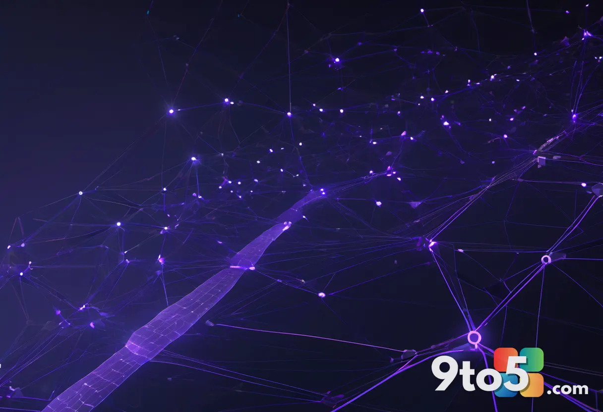 Abstract visualization of AI neural network processing with glowing nodes and data streams in blue and purple hues on a 