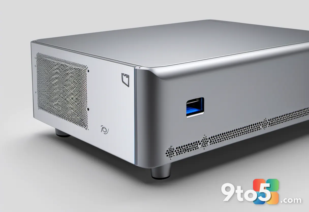 A close-up shot of the rear I/O panel of a silver mini PC, showing HDMI ports, USB-A slots, an Ethernet jack, and a USB-