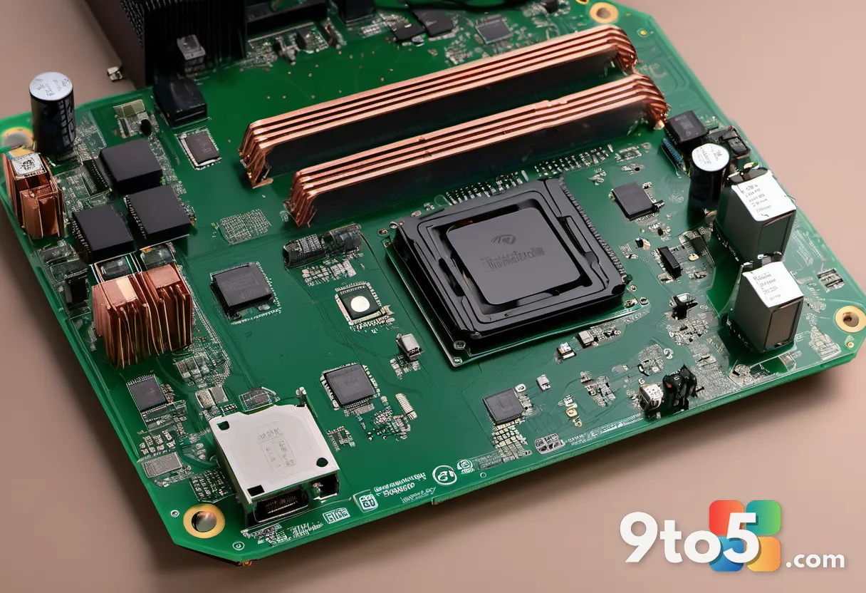 A top-down view of an open mini PC chassis revealing a copper heat pipe, a small turbine fan, and two M.2 SSD slots moun