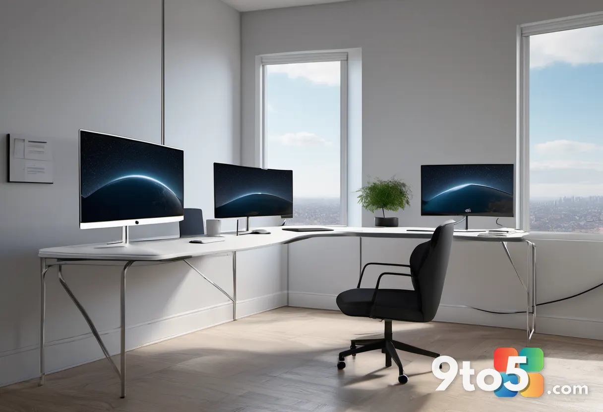 A minimalist desk setup featuring a silver mini PC connected to two ultrawide monitors, with neatly routed cables and a 