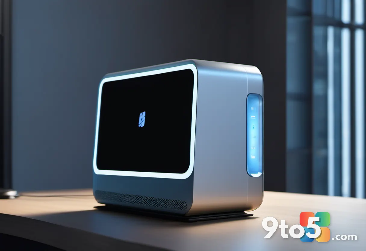 A side profile of a compact silver mini PC resting on a dark wooden desk, with a subtle reflection on its glass top pane