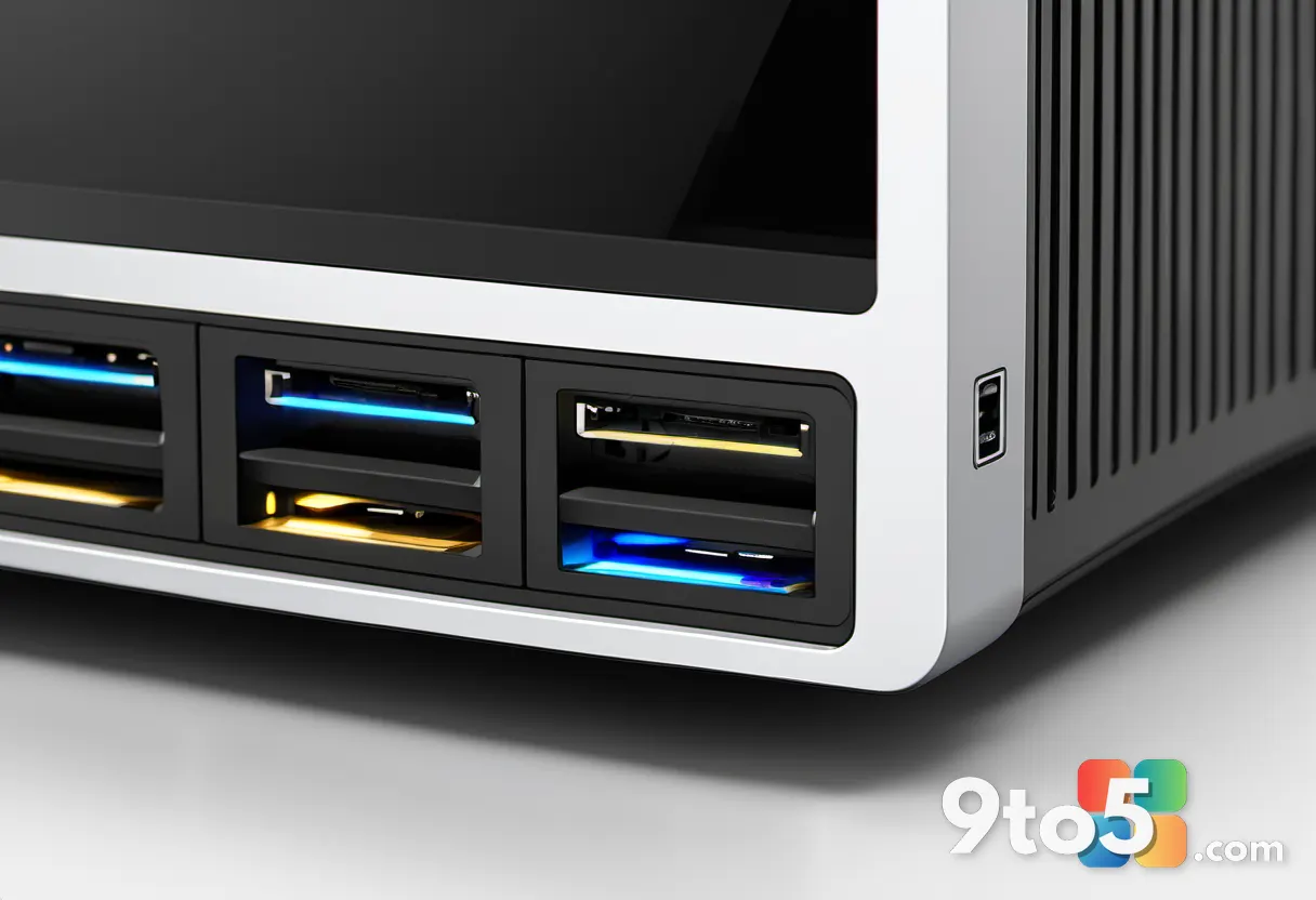 Close-up of the rear I/O panel showing USB4 ports and HDMI 2.1, metallic connectors reflecting light, clean black backgr