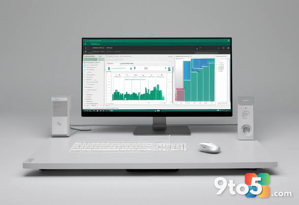 Screenshot of PCMark 10 benchmark results on a monitor, showing a score of 7695, modern UI design, office environment.