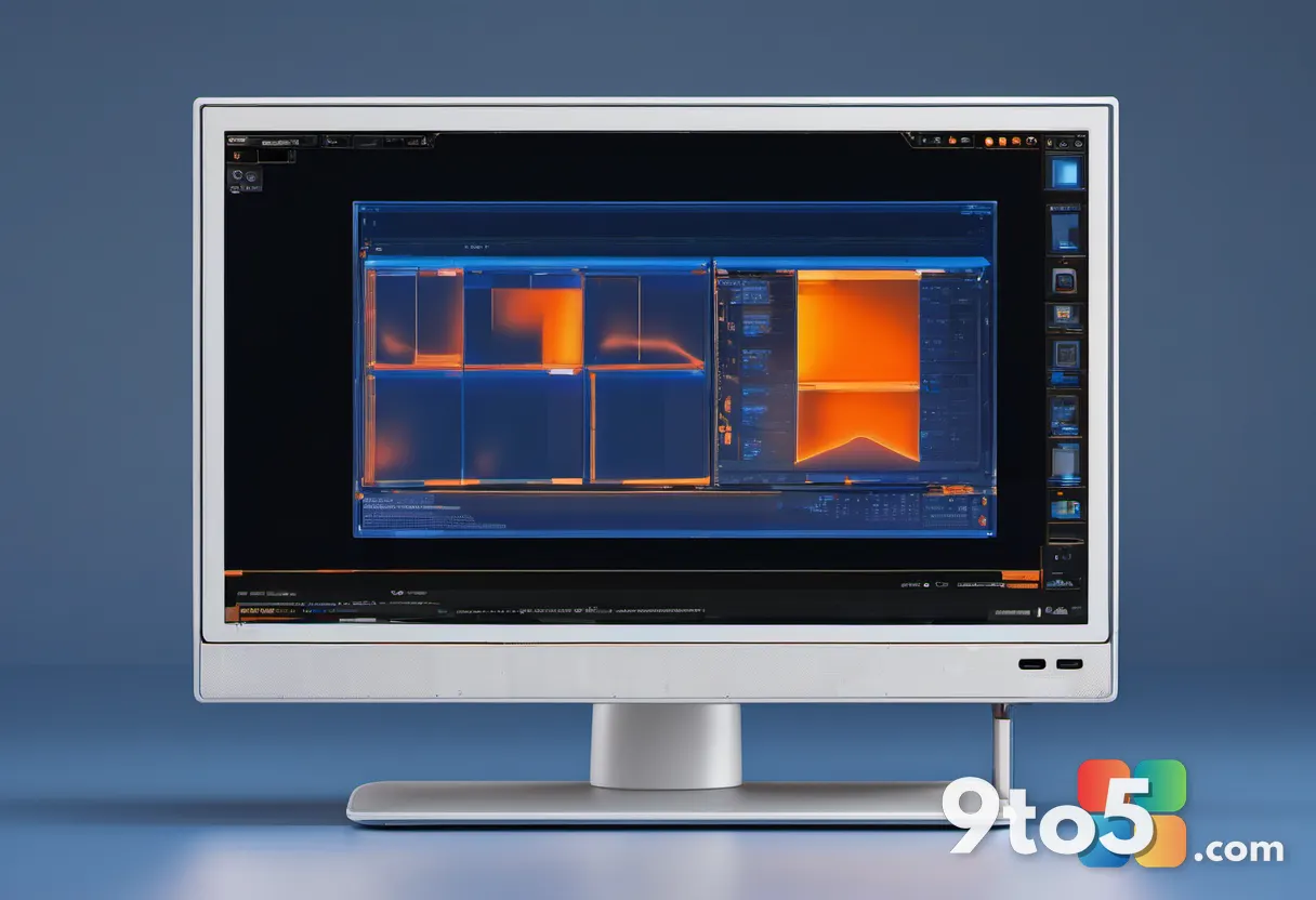Thermal imaging camera view of the mini PC under load, showing heat distribution in blue and orange tones, dark room.