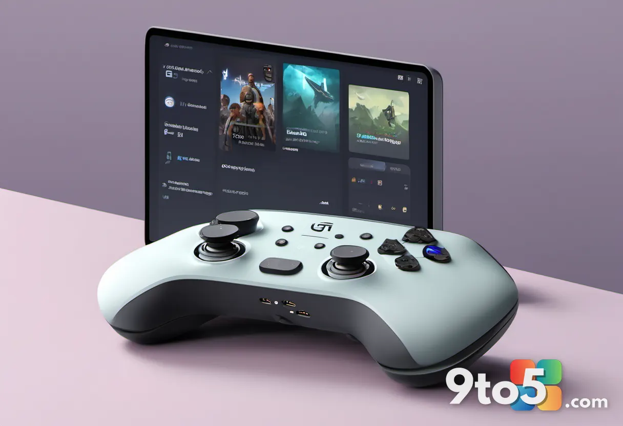 A split-screen digital illustration showing a Steam controller on the left and a GOG controller on the right, with the G