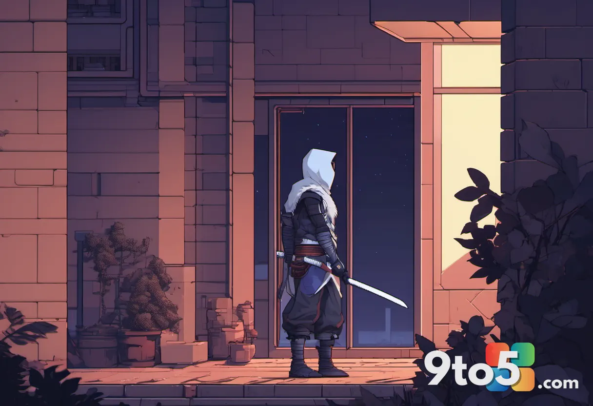 A pixel-art style ninja character standing in a moonlit courtyard, looking at a broken game cartridge that emits digital