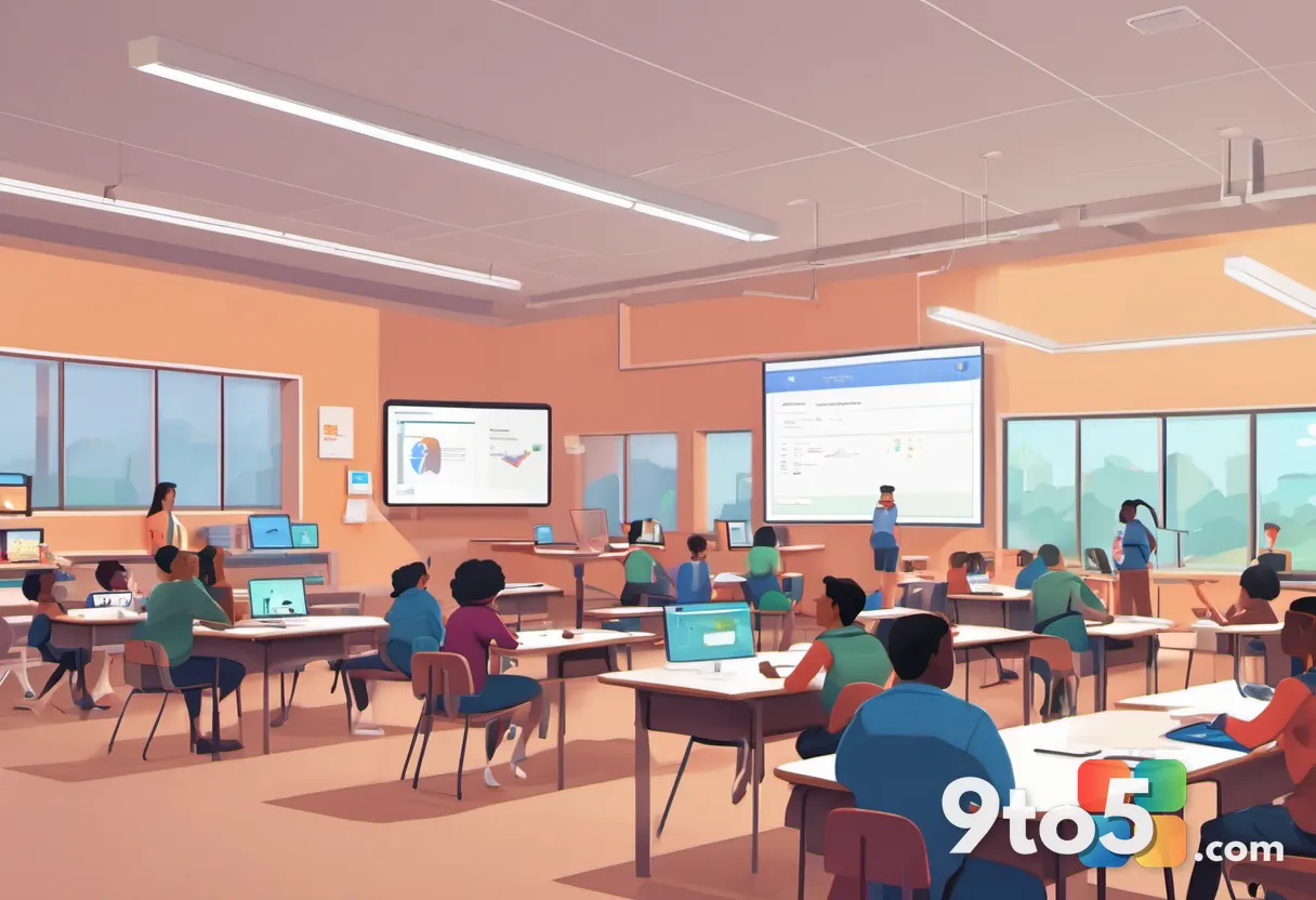 A diverse group of students and educators in a modern classroom, using tablets and laptops, with a subtle Google 'G' log