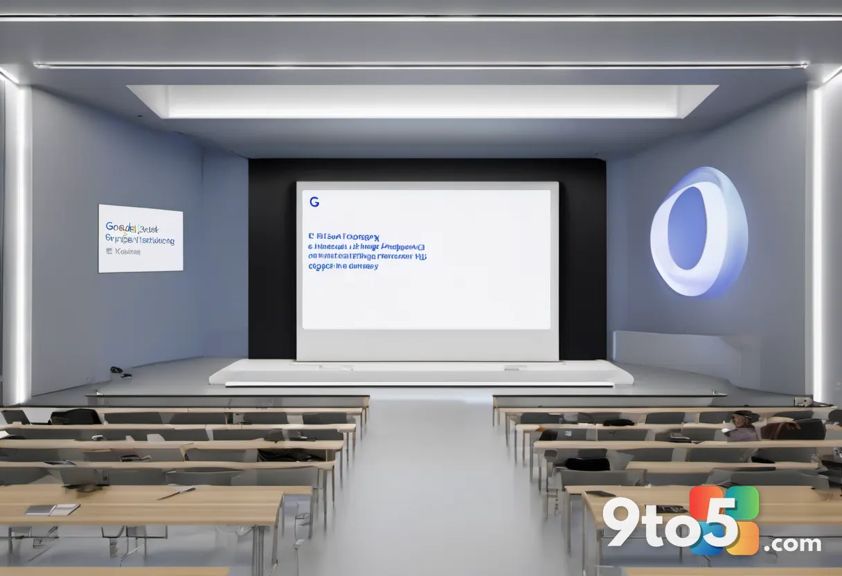 A sleek event stage with a large screen displaying 'Googlebook Launch' and a minimalist Google logo, surrounded by an au