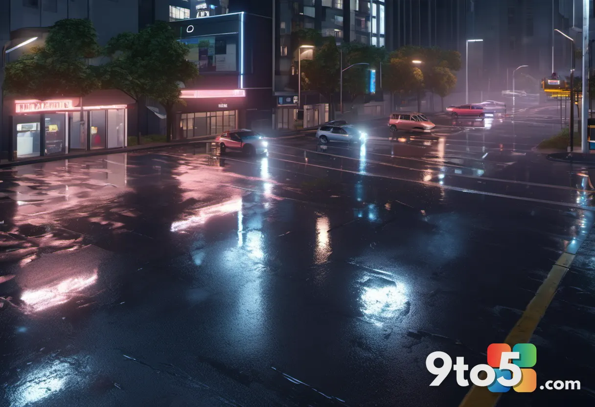 A wide shot of a rain-slicked city intersection at night, with glowing streetlights and vehicle headlights reflecting of