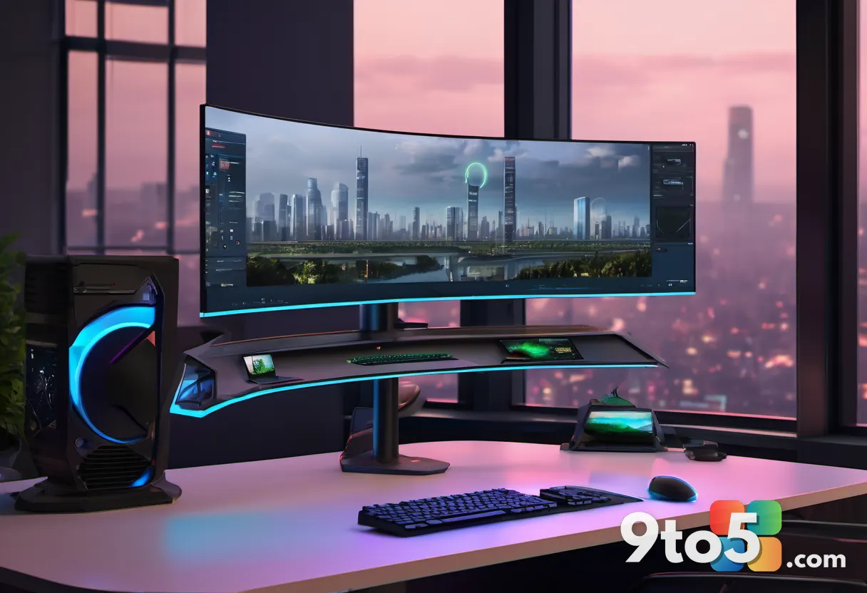 A modern gaming setup featuring a curved monitor displaying a detailed open-world cityscape, with RGB lighting and a hig