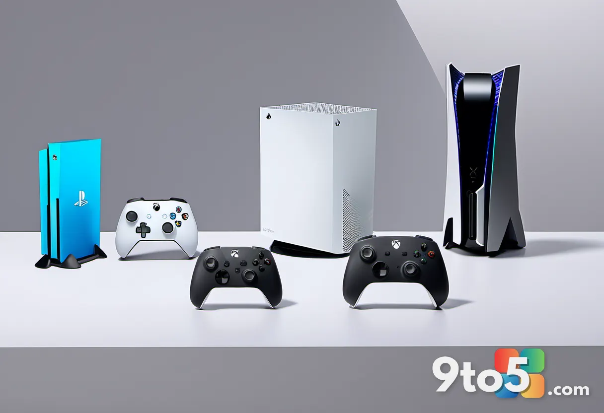 A split composition showing a PlayStation 5 controller on the left and an Xbox Series X console on the right, both resti