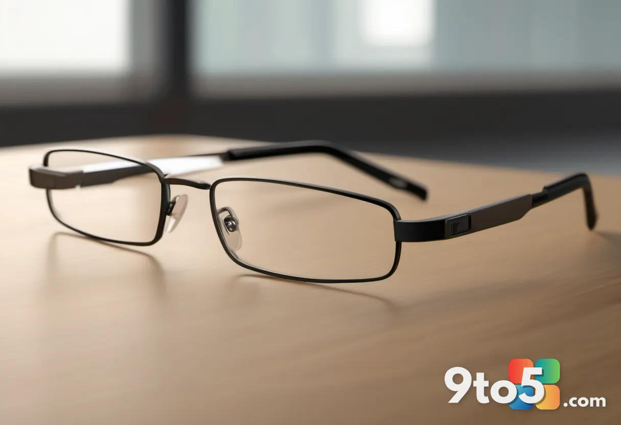 Close-up of lightweight titanium eyeglass frames resting on a wooden desk, soft natural lighting, minimalist composition