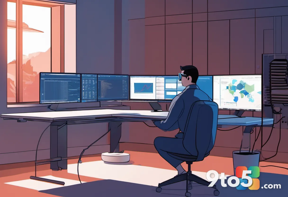 Side view of a person working at a dual monitor setup in a dimly lit room, wearing blue light filtering glasses, warm co