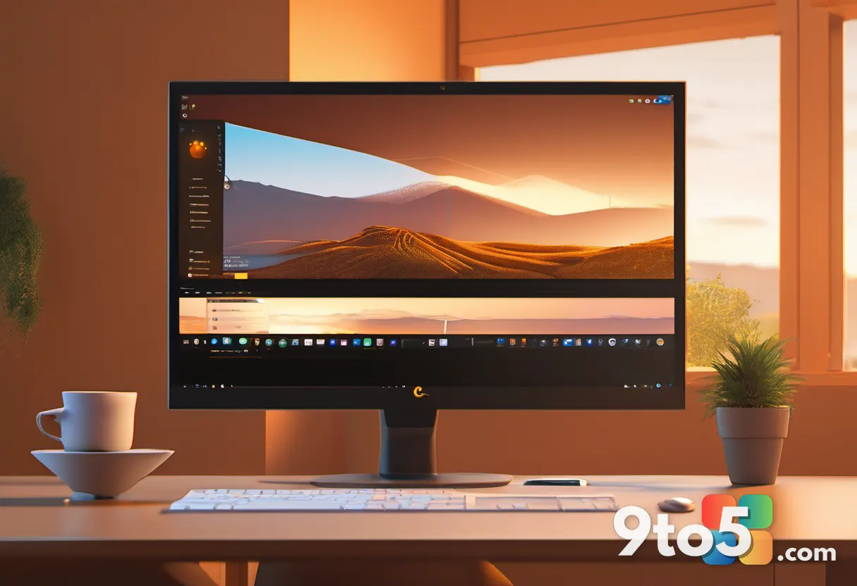 A relaxed workspace with a notebook, coffee cup, and glowing monitor, warm amber tones, calm and focused atmosphere.