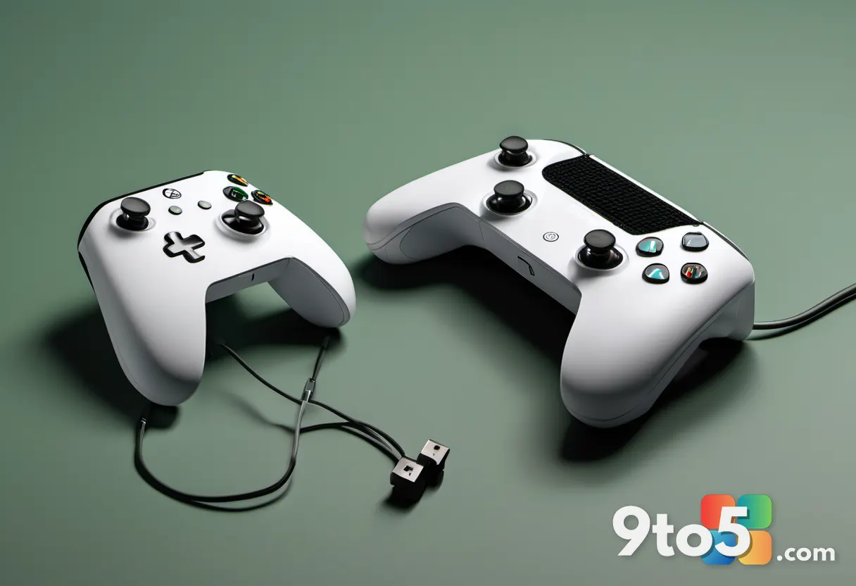 A clean product photograph of the white Hyperkin Duke controller lying next to a smaller green Duchess model on a matte 