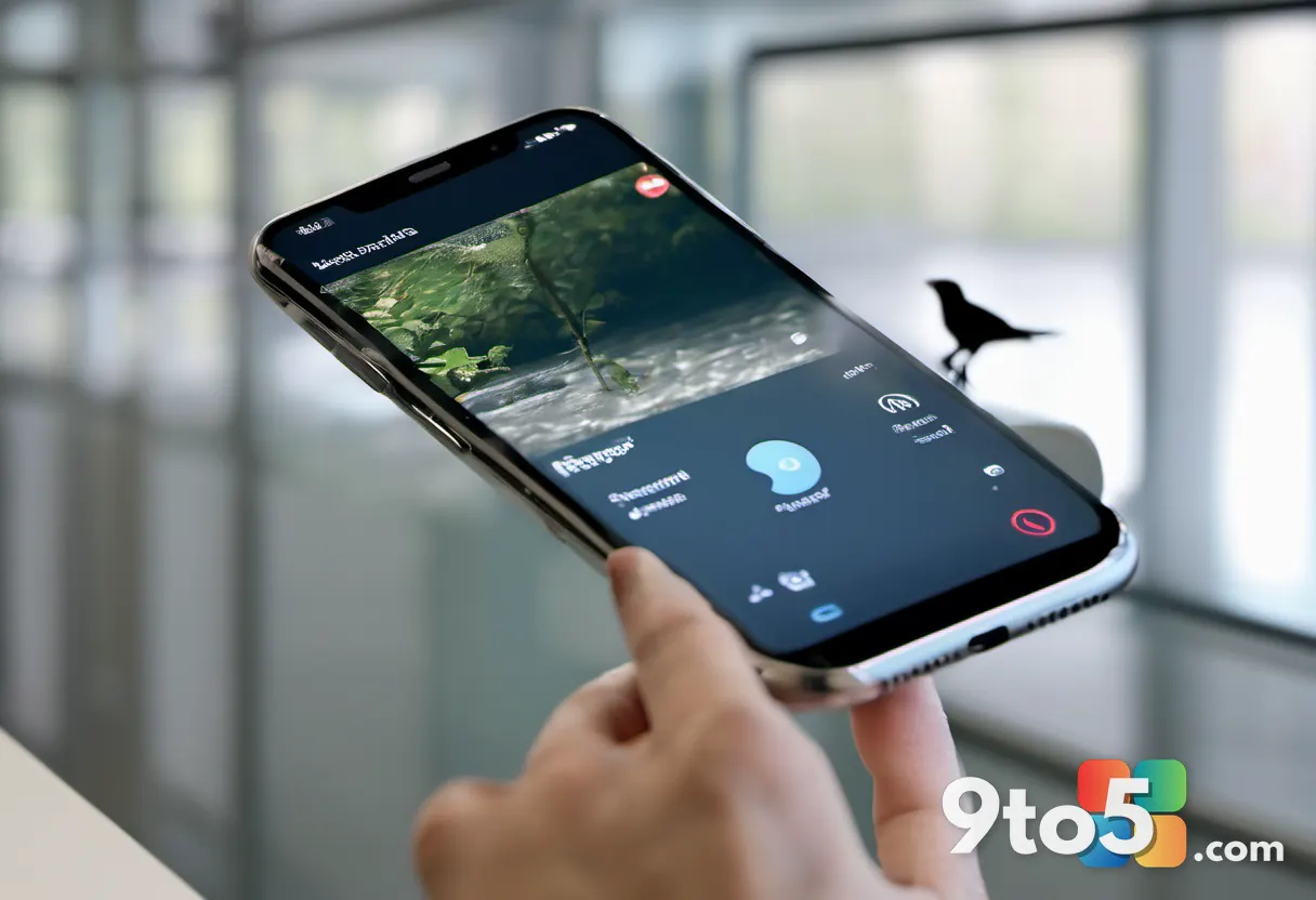 A close-up of a smartphone screen displaying a live video feed of a bird drinking from a water bath, held by a hand in a