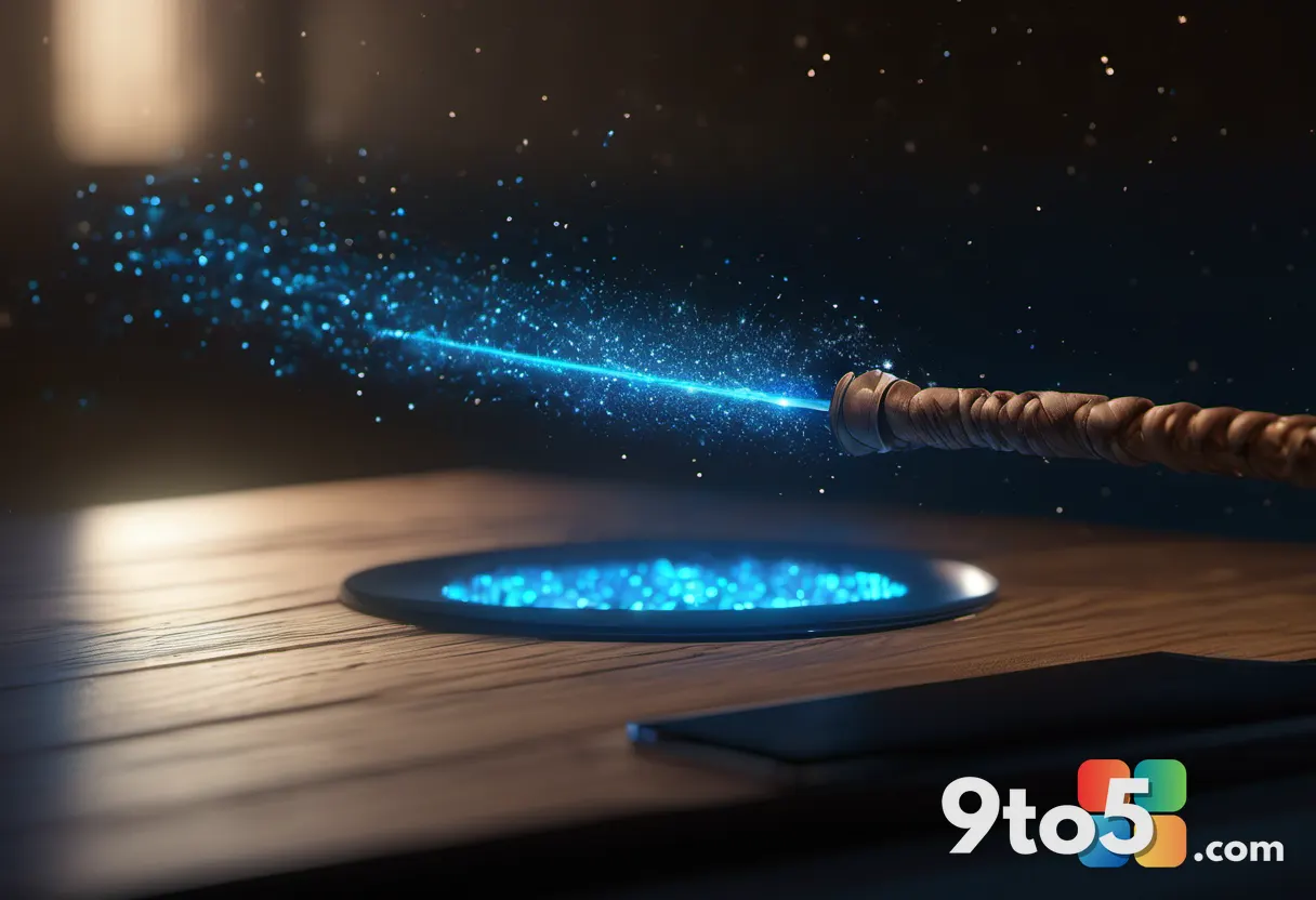 A close-up of a wooden wand casting a bright blue spell, surrounded by floating magical particles against a dark backgro