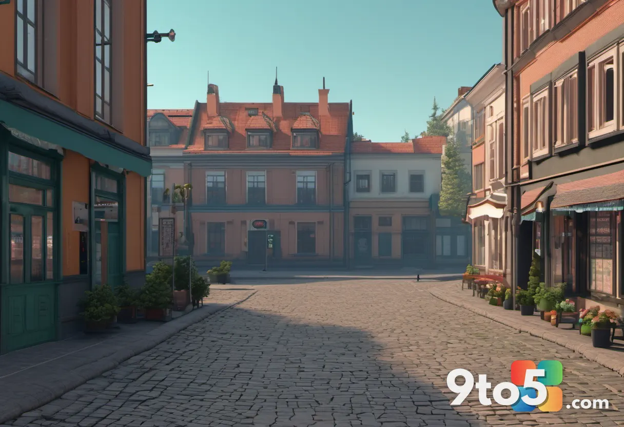 A quiet 1990s Polish town square rendered in grim pixel art, retro signage and cobblestones, eerie calm before the dread