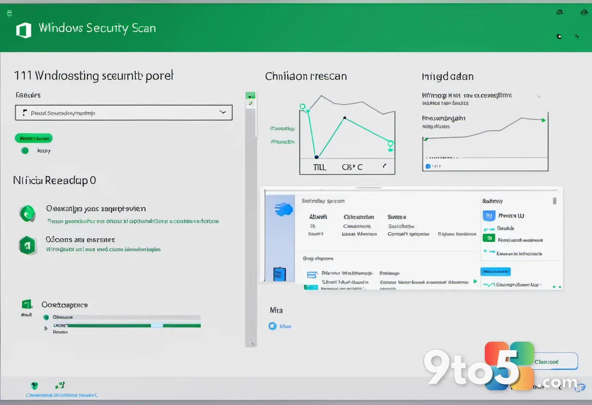 A Windows 11 desktop showing a completed Windows Security scan results page with green checkmarks and a clean status ind