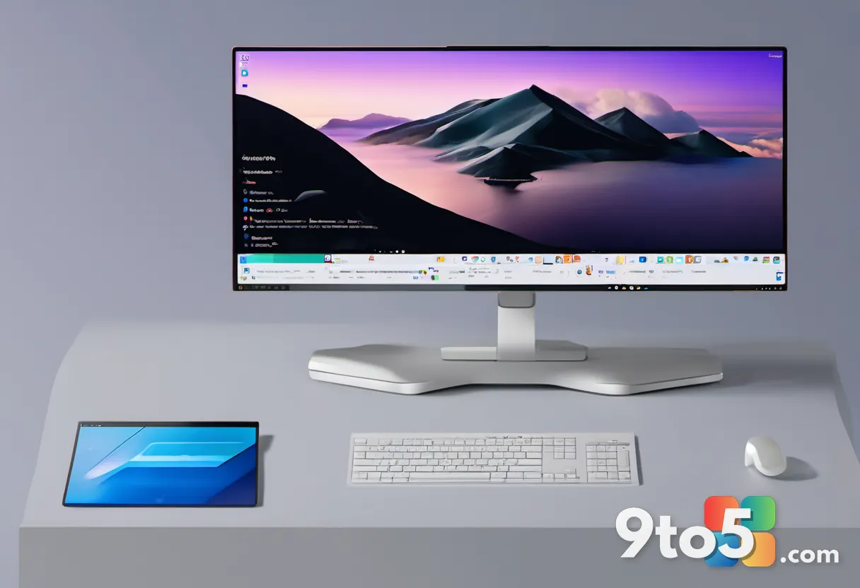 A desktop monitor displaying the Windows 11 desktop with fast-loading icons and a taskbar, photographed from a slight an