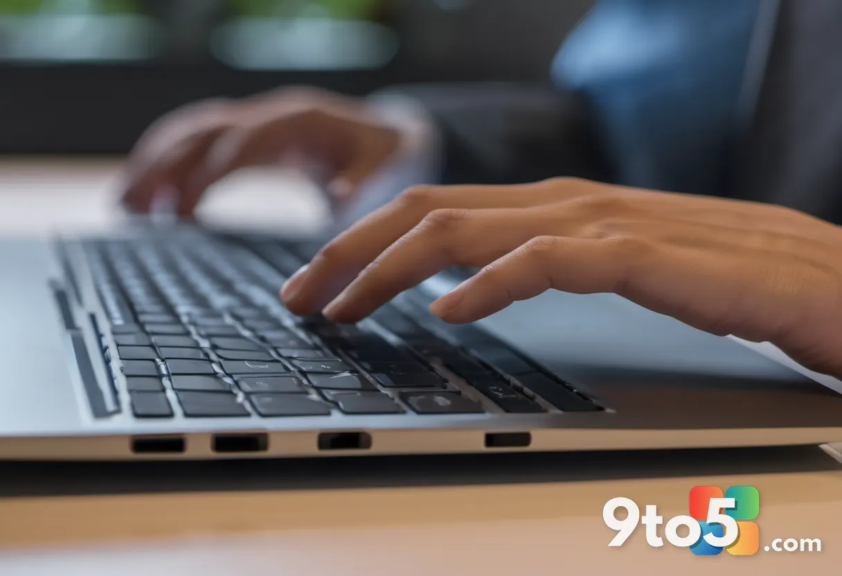 Close-up of a person's finger pressing a capacitive fingerprint sensor on a laptop palm rest, shot with shallow depth of