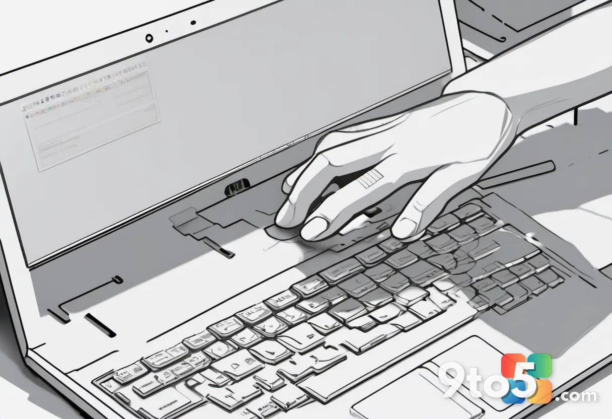 Close-up of a finger pressing a capacitive fingerprint sensor on a laptop palm rest, clean metallic finish, soft desk li