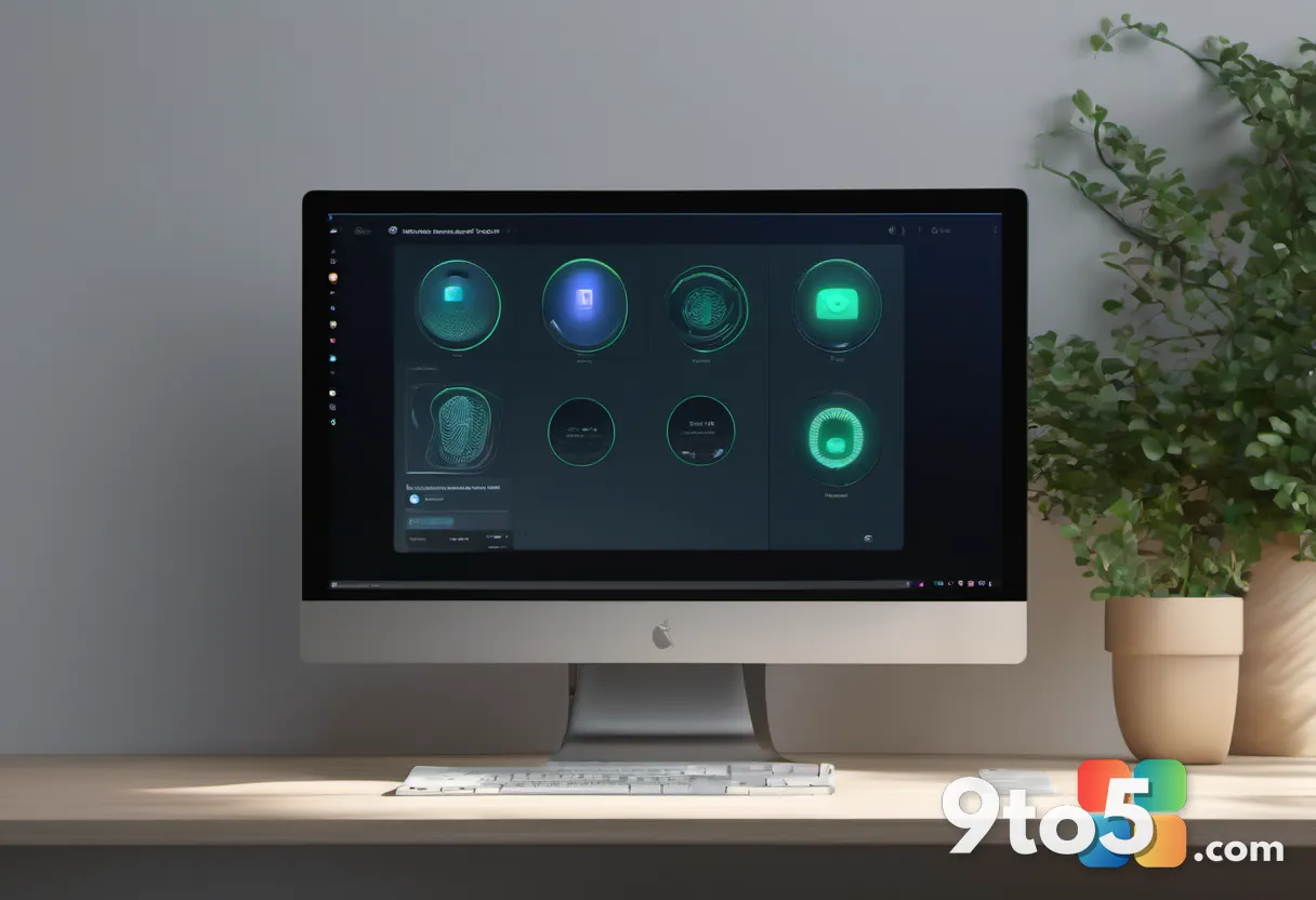 A clean desktop view of a Windows 11 lock screen with a circular face-scan animation and a fingerprint icon glowing soft