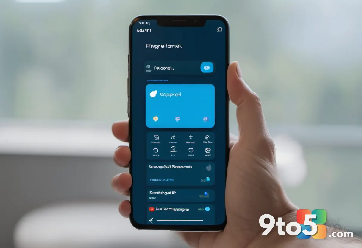 Finger tapping a "any app" dropdown menu on an Android phone screen, close-up, warm blue interface with soft shadows, mo