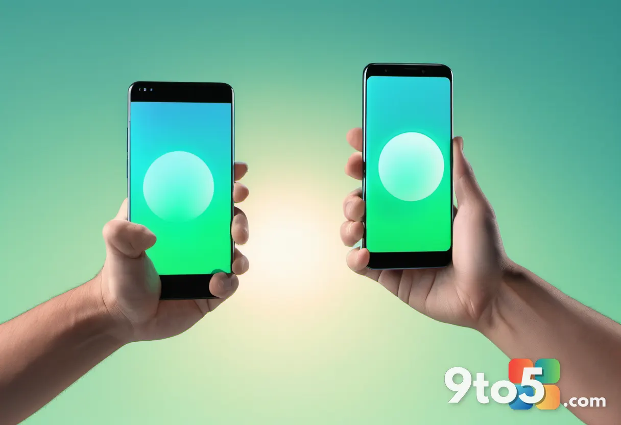 Two hands giving a thumbs-up around a glowing smartphone on a calm gradient background, cheerful and satisfied mood, sof